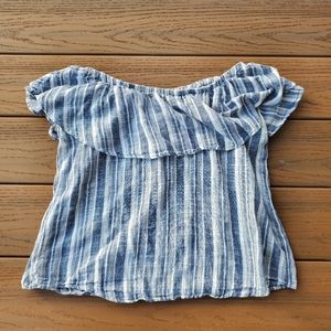 Girl Krazy White Blue Off Shoulder Top Striped Cotton Shirt Classic Casual M
